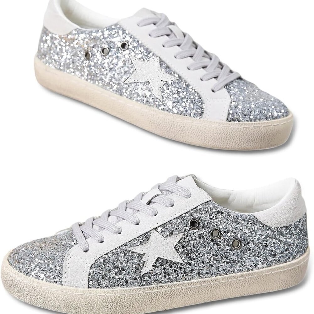 Women's Sequin Sneakers Faux Leather Low Top Platform Rubber Sole Casual